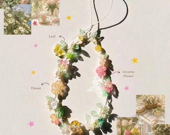 Blooming Garden Aesthetic Handmade Beaded Phone Charm, Strap for Phone, Camera, Water Bottle, Fairycore Coquette Wrist Lanyard Accessory