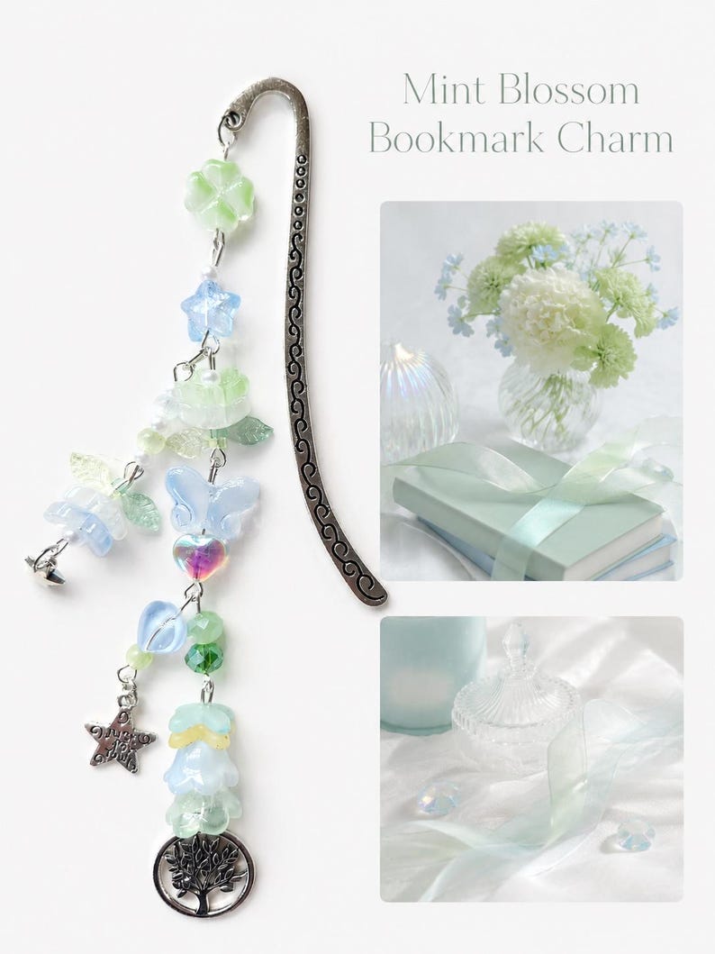 Handmade Pastel Butterfly & Star Beaded Bookmark, Book Lover Gift, Cute Fantasy Reading Accessory mint blossom