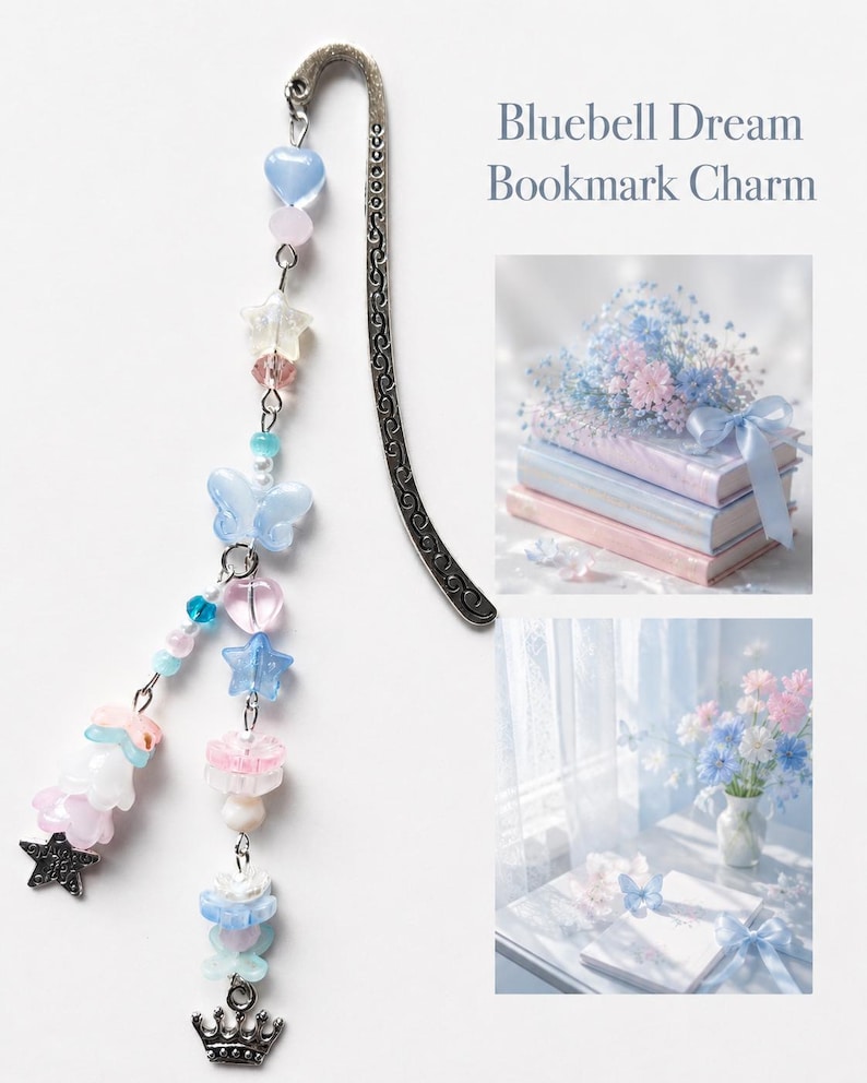 Handmade Pastel Butterfly & Star Beaded Bookmark, Book Lover Gift, Cute Fantasy Reading Accessory bluebell dream