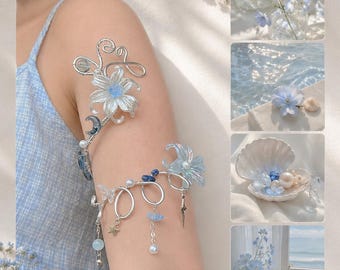 Moonlit Lily Handmade Arm Cuff Bracelet with Pearl & Flower Charm – Adjustable Boho Upper Arm Jewelry for Women