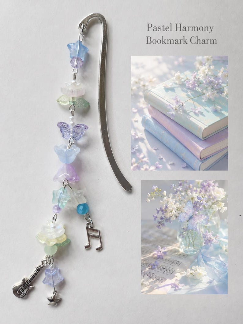 May include: A silver metal bookmark with a dangling charm chain featuring pastel-colored beads in shapes of stars, flowers, and a butterfly, along with small silver music note and guitar charms. The text reads Pastel Harmony Bookmark Charm.