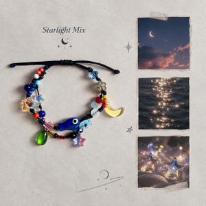May include: A black cord bracelet featuring a Starlight Mix of colorful beads, including a blue fish, a yellow crescent moon, a green teardrop, and various star-shaped charms. The design incorporates small red, blue, and clear glass beads.