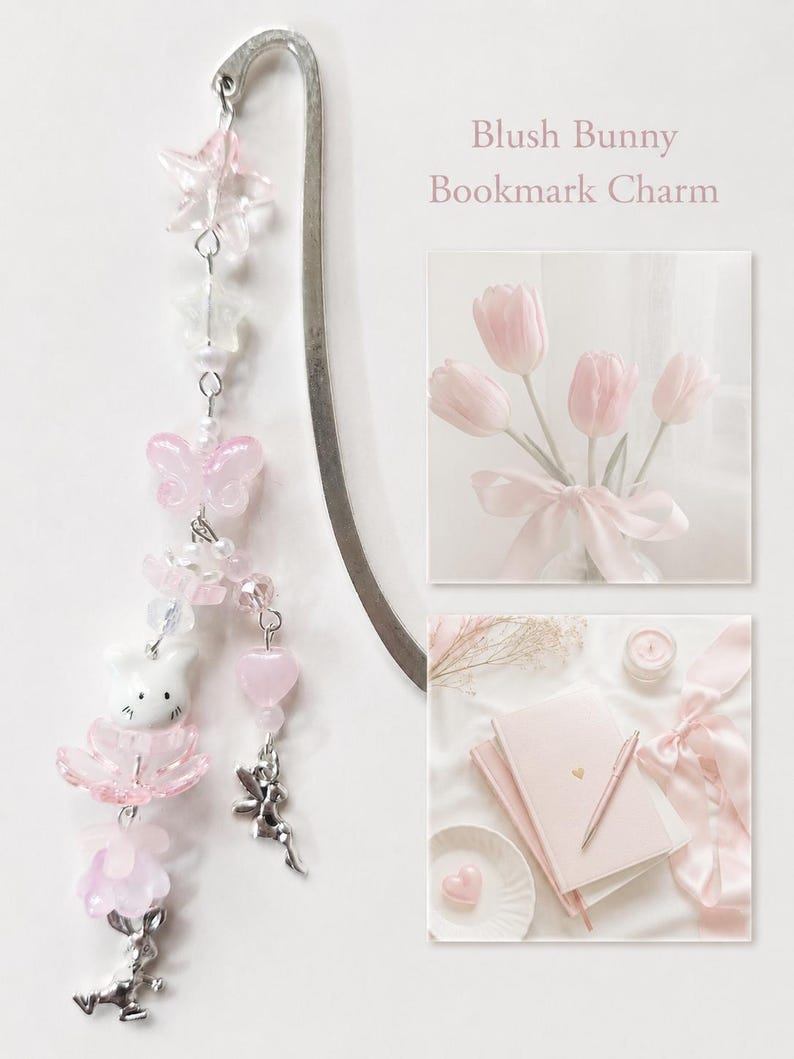 May include: A silver metal hook bookmark featuring a dangling charm strand with pink and clear beads, a white bunny bead, a pink butterfly, and a silver rabbit charm. The text Blush Bunny Bookmark Charm appears next to two images of pink tulips and stationery.