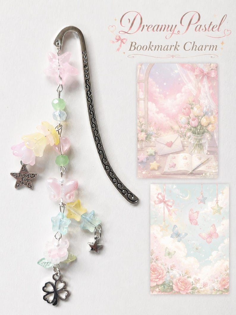 May include: A silver metal hook bookmark adorned with a dangling chain of pastel-colored beads, including pink stars, yellow flowers, a butterfly, and a silver charm engraved with the text Just for you, alongside two rectangular cards with illustrations.