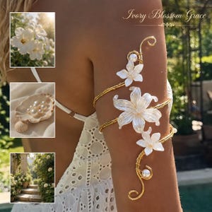 May include: An arm cuff featuring gold-toned wire, three white floral accents, and two small white pearls. The design includes swirling wire details and the text Ivory Blossom Grace. The piece is displayed on an upper arm, with inset images showing white flowers, pearls in a shell, and a garden path.