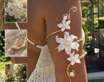 Handmade Gold Arm Cuff Bracelet with Pearl & Flower Charm – Adjustable Boho Upper Arm Jewelry for Women