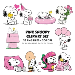 Conjunto de imágenes prediseñadas de Snoopy rosa, gráficos PNG de perro de cumpleaños (39 archivos, 300 ppp)