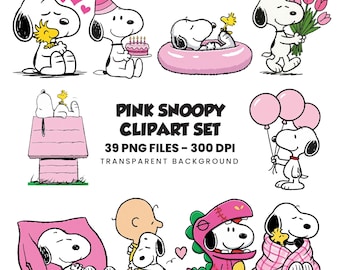 Rosa Snoopy Clipart-set, födelsedagshund PNG-grafik (39 filer, 300 DPI)