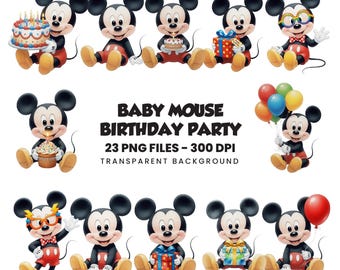 Baby Mouse Birthday Party Clipart, Cartoon Mouse Sublimation Files (Digital Download)