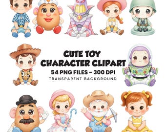 May include: A collection of digital illustrations featuring chibi-style toy characters including cowboys, space rangers, potato figures, and a shepherdess. The text reads CUTE TOY CHARACTER CLIPART 54 PNG FILES - 300 DPI TRANSPARENT BACKGROUND.
