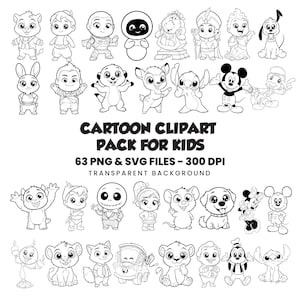 Könnte beinhalten: Schwarz-Weiß-Cartoon-Clipart-Paket für Kinder. Das Bild zeigt verschiedene Zeichentrickfiguren, darunter Mickey Mouse, Stitch und Simba. Der Text auf dem Bild lautet "CARTOON CLIPART PACK FOR KIDS" und "63 PNG & SVG FILES - 300 DPI".