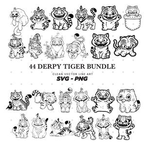 Peut inclure: Illustrations en noir et blanc de tigres de dessins animés dans diverses poses. Le texte "44 DERPY TIGER BUNDLE" et "CLEAN VECTOR LINE ART SVG - PNG" est inclus. Les tigres ont des expressions exagérées et conviennent aux projets d'art numérique.