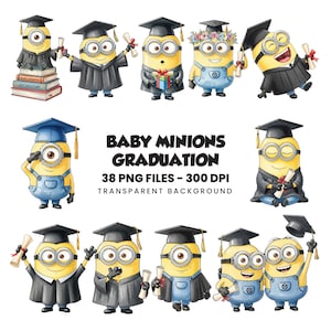 Op de afbeelding: Een verzameling gele Minion-figuren in afstudeerkleding met toga's en hoofddeksels, sommigen houden diploma's of cadeaus vast. De tekst luidt BABY MINIONS GRADUATION 38 PNG FILES - 300 DPI TRANSPARENT BACKGROUND. De figuren zijn geïllustreerd.
