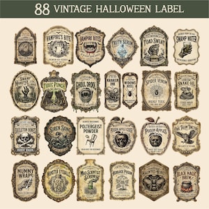 May include: A collection of 88 vintage Halloween labels featuring ornate borders and gothic illustrations. Each label displays unique text such as Vampire's Bite, Truth Serum, Toad Sweat, Swamp Water, Toxic Punch, Ghoul Drool, and Poison Apple Cider.