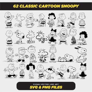 Op de afbeelding: Een zwart-wit illustratie met 62 klassieke cartoon Snoopy-personages. De afbeelding toont Snoopy en zijn vrienden in verschillende poses. De tekst "62 CLASSIC CARTOON SNOOPY" staat bovenaan en "CLEAN VECTOR LINE ART SVG & PNG FILES" onderaan.