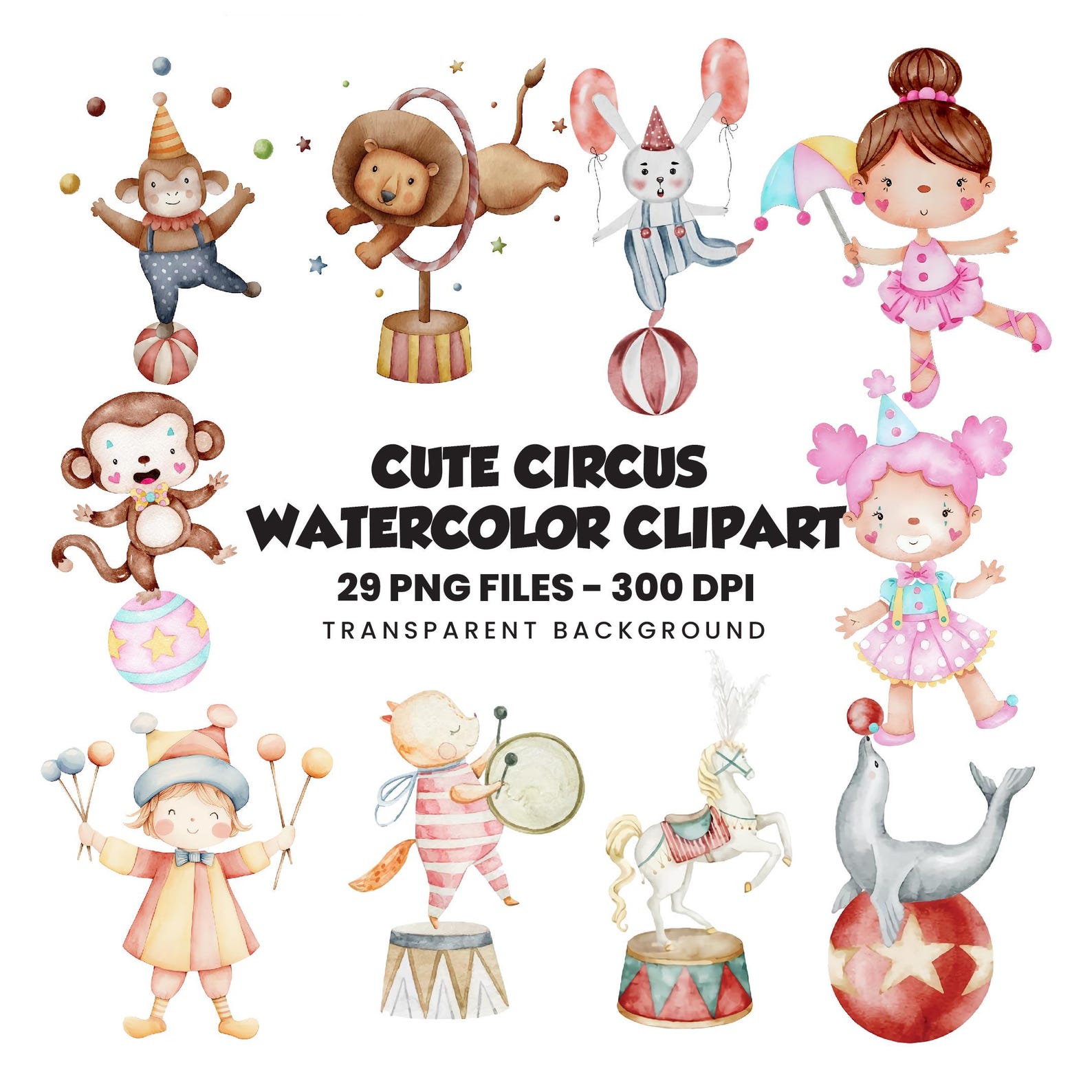 Pastel Circus Animals Watercolor Clipart Bundle (29 PNG Files ...