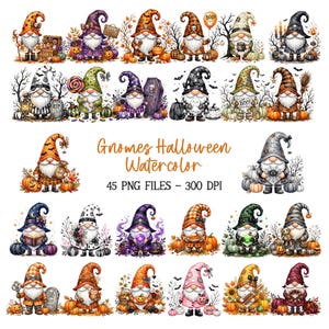 May include: A collection of watercolour illustrations featuring gnomes in various Halloween costumes and settings, including pumpkins, tombstones, and spooky motifs. The text reads Gnomes Halloween Watercolor 45 PNG FILES - 300 DPI.