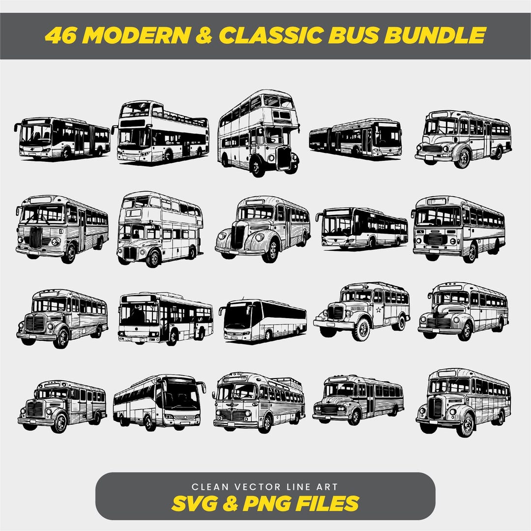 Retro Bus Line Names 46 Modern & Classic Bus Bundle SVG, Bus Line Art, Vintage Bus Clipart ...