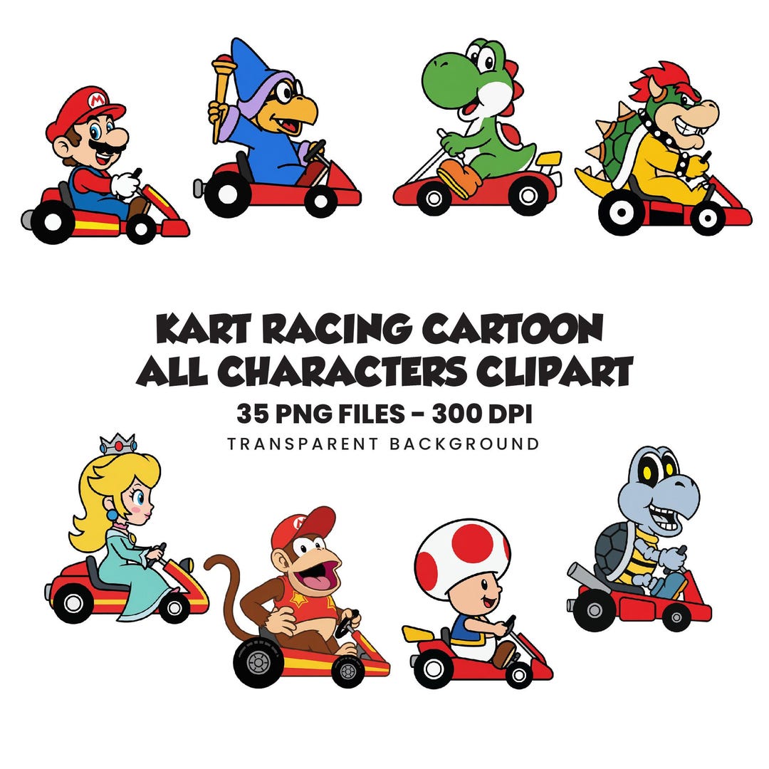 Kart Racing Cartoon Clipart Bundle, Mario Characters, PNG Graphics ...