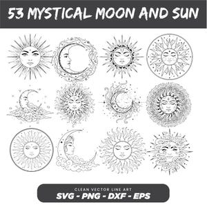 May include: Black and white vector art featuring 53 mystical moon and sun designs. The illustrations include various suns and moons with faces, clouds, and decorative elements. Text at the top reads "53 MYSTICAL MOON AND SUN".