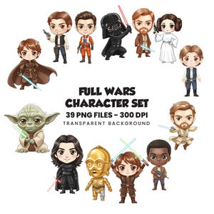 Peut inclure: Ensemble de personnages Star Wars de style cartoon, dont Dark Vador, Yoda et C-3PO, avec des sabres laser et des blasters. Le texte "FULL WARS CHARACTER SET" est affiché. L'image a un fond transparent.