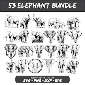 Paquete de 53 SVG de elefantes / Arte lineal de elefantes / Ilustración de safari de vida silvestre / Archivos de corte de silueta de Cricut