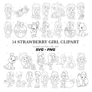 May include: A collection of 54 black and white Strawberry Girl clipart images. The illustrations include various poses of the Strawberry Girl character, along with strawberries, animals, and a strawberry house. The text "54 STRAWBERRY GIRL CLIPART" is displayed.