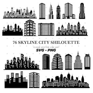 Könnte beinhalten: Eine Sammlung von 76 schwarz-weißen Skyline-Stadtsilhouetten. Das Bild zeigt verschiedene Gebäudedesigns, von Wolkenkratzern bis hin zu kleineren Strukturen, mit dem Text "76 SKYLINE CITY SHILOUETTE" und "SVG - PNG".