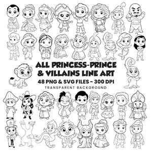 Sagolik prinsessa prins skurkar linjeteckningar clipart-paket (48 PNG SVG) bild 1