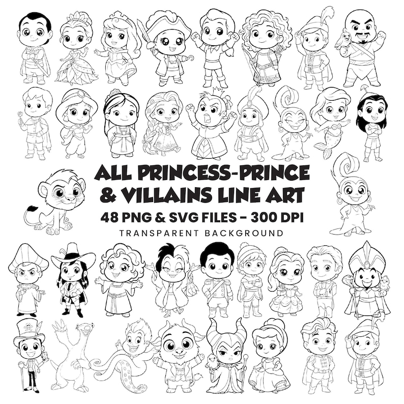Sagolik prinsessa prins skurkar linjeteckningar clipart-paket (48 PNG SVG) bild 1