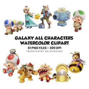 May include: Watercolor clipart featuring various characters from the Galaxy series. The image includes characters like Toad, Rosalina, and Bowser, along with the text "GALAXY ALL CHARACTERS WATERCOLOR CLIPART". The clipart is available in 51 PNG files at 300 DPI with a transparent background.