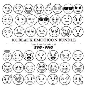 Puede incluir: Una colección de 108 diseños de emoticonos negros en un estilo de arte lineal vectorial limpio. Los emoticonos muestran una variedad de expresiones, incluyendo sonrisas, guiños y llanto. Se incluye el texto "108 BLACK EMOTICON BUNDLE".