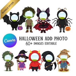 Puede incluir: Una colección digital de ilustraciones de personajes con temática de Halloween que presentan recortes circulares vacíos para insertar fotos. El conjunto incluye figuras disfrazadas de murciélago, zombi, vampiro, araña, bruja, diablo, parca y espantapájaros.