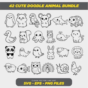 May include: A set of 42 black and white doodle animal illustrations, including a penguin, bear, parrot, mouse, shark, turtle, duck, squirrel, octopus, horse, whale, cat, panda, seal, bird, rabbit, pig, lion, sheep, fish, owl, peacock, snail, and chicken. Text reads "42 CUTE DOODLE ANIMAL BUNDLE".