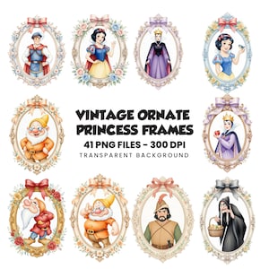 May include: A collection of vintage ornate princess frames. The frames feature illustrations of various fairytale characters, including Snow White, the Evil Queen, and the Seven Dwarfs. The text reads "VINTAGE ORNATE PRINCESS FRAMES 41 PNG FILES - 300 DPI TRANSPARENT BACKGROUND."