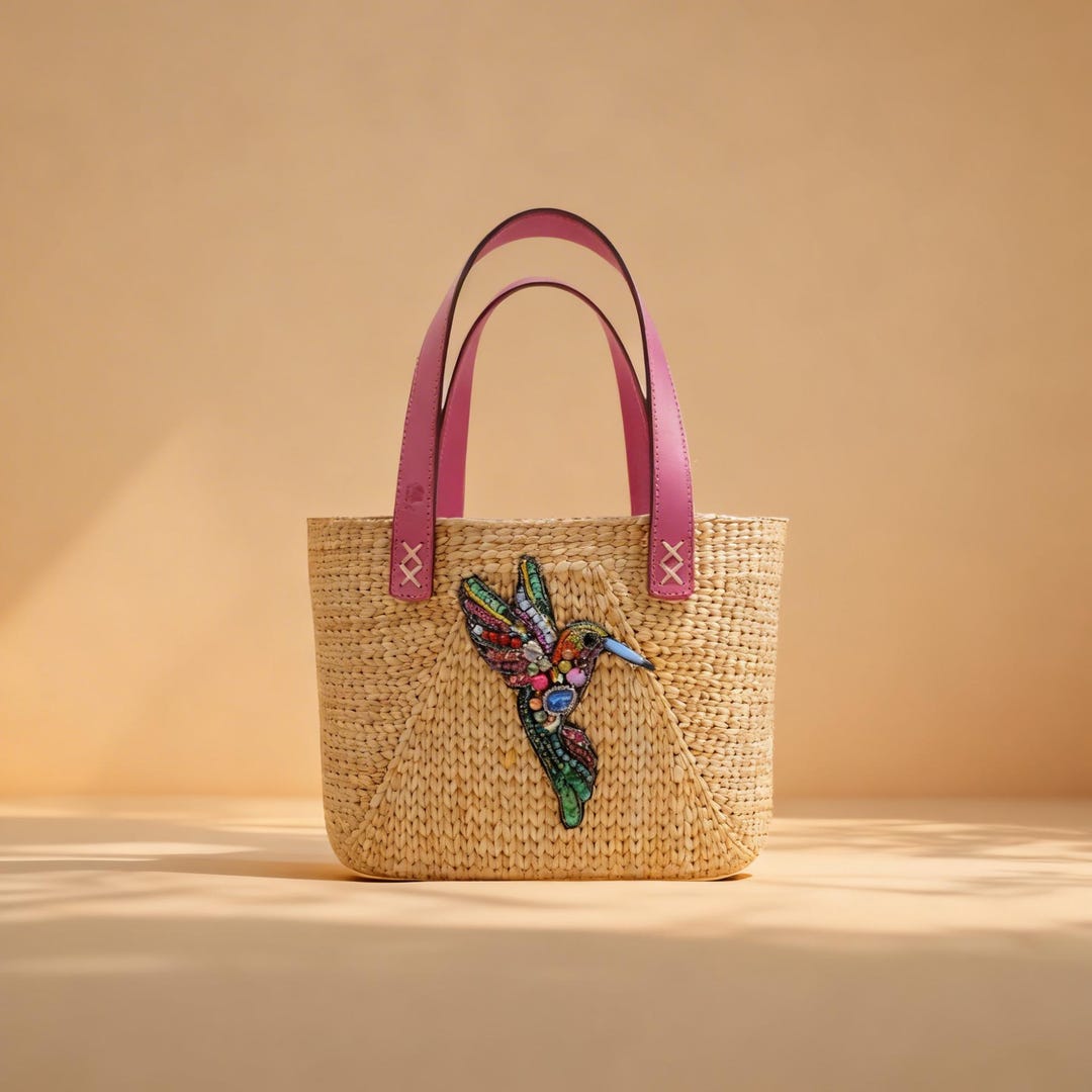 Handmade Water Hyacinth Tote Bag With Beaded Hummingbird, Woven Straw ...