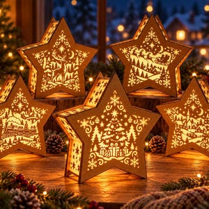 May include: Five star-shaped wooden light boxes with intricate laser-cut designs. Each box features a warm internal glow illuminating scenes of a reindeer, a sleigh, a train, a Christmas tree with gifts, and a village landscape with a church.