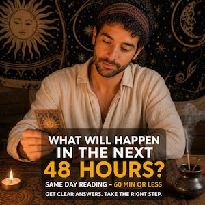 May include: A person holding a tarot card with a sun design. The image includes text that reads "WHAT WILL HAPPEN IN THE NEXT 48 HOURS?" A lit candle and incense burner are also visible. The background features celestial patterns.