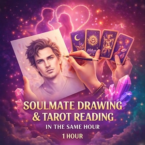 Puede incluir: Ilustración digital de un hombre dibujando un retrato, con cartas del tarot y cristales. El texto dice "SOULMATE DRAWING & TAROT READING IN THE SAME HOUR 1 HOUR". El fondo muestra una pareja en forma de corazón.