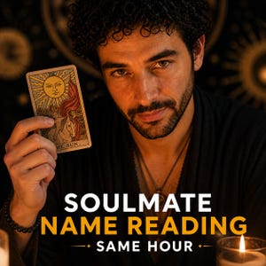 Puede incluir: Un hombre sostiene una carta del tarot con una ilustración del sol. La carta dice "THE SUN". La imagen incluye el texto "SOULMATE NAME READING - SAME HOUR" en amarillo y blanco. El fondo es oscuro con una vela y un patrón circular decorativo.