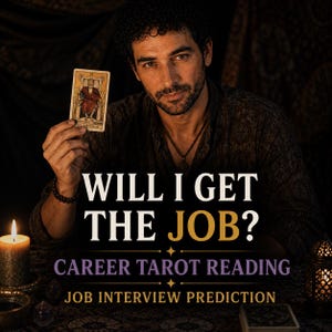 May include: A man holding a tarot card with the text "The Emperor". The image includes the text "WILL I GET THE JOB?" and "CAREER TAROT READING" and "JOB INTERVIEW PREDICTION". A lit candle and a decorative lantern are also visible.