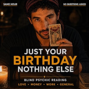 Puede incluir: Una persona sostiene una carta del tarot titulada The Lovers, con textos superpuestos SAME HOUR, NO QUESTIONS ASKED, JUST YOUR BIRTHDAY NOTHING ELSE, BLIND PSYCHIC READING, LOVE, MONEY, WORK, GENERAL, y una vela encendida en primer plano.