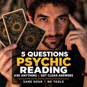 May include: A set of black and gold tarot cards featuring a sun design, held by a person. A black rectangular sign with white and yellow text reads: 5 QUESTIONS PSYCHIC READING, ASK ANYTHING | GET CLEAR ANSWERS, SAME HOUR | NO TOOLS.