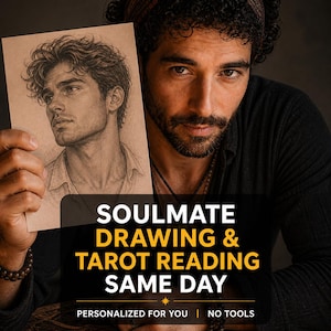 Puede incluir: Un hombre sostiene un dibujo de retrato de una persona. La imagen incluye el texto "SOULMATE DRAWING & TAROT READING SAME DAY" en blanco y amarillo. El texto adicional dice "PERSONALIZADO PARA TI | NO TOOLS". El fondo es oscuro.