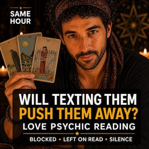 Pode incluir: Uma pessoa segura três cartas de tarot com ilustrações de uma figura, uma lua e uma pessoa amarrada. Texto: SAME HOUR, WILL TEXTING THEM PUSH THEM AWAY? LOVE PSYCHIC READING, BLOCKED, LEFT ON READ, SILENCE. A pessoa tem cabelo escuro e barba.