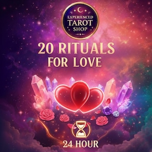 Puede incluir: Gráfico digital con un fondo cósmico, con el texto "Experienced Tarot Shop" y "20 Rituals for Love". También se representan dos corazones rojos, cristales, rosas y un reloj de arena. Las palabras "24 Hour" están en la parte inferior.