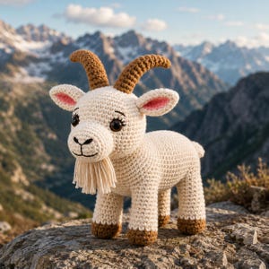 May include: A cream-coloured crochet goat plush toy featuring brown curved horns, brown hooves, and a fringed beard. The goat has large dark eyes with eyelashes, pink-lined ears, and a stitched nose, standing on four legs with a textured yarn finish.