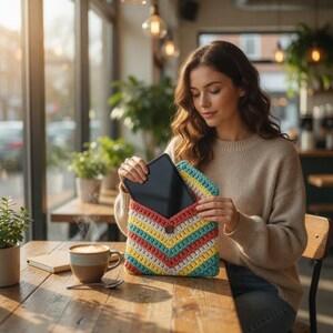 May include: A rectangular crochet pouch featuring a chevron pattern in alternating stripes of teal, yellow, white, and coral. The envelope-style bag is secured with a single brown wooden button and contains a black tablet device inside.