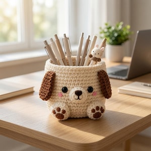 Wzór na szydełkowy stojak na długopisy z uroczym szczeniakiem w formacie PDF, organizer na biurko z amigurumi, stojak na długopisy dla psa, wzór na prezent dla nauczyciela, natychmiastowe pobranie