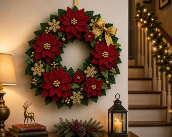 Schema per ghirlanda natalizia all'uncinetto / Ghirlanda di stelle di Natale all'uncinetto / Ghirlanda natalizia fai da te per la porta / Schema per decorazioni festive per la casa / Uncinetto natalizio